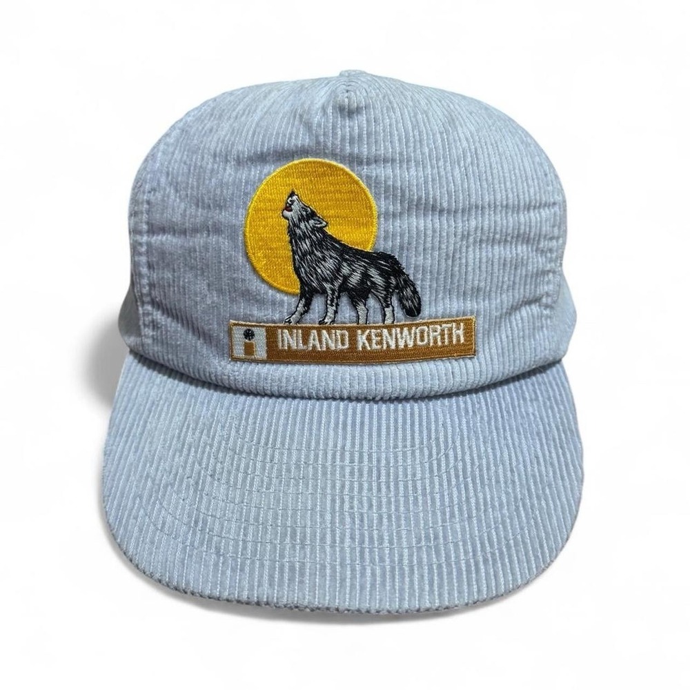 Vintage 90s Inland Kenworth Grey Corduroy Wolf Graphic Snapback Trucker Hat OSFA